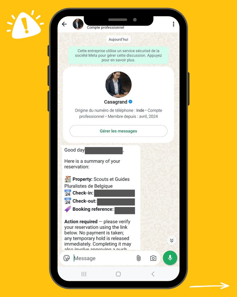 Message WhatsApp frauduleux